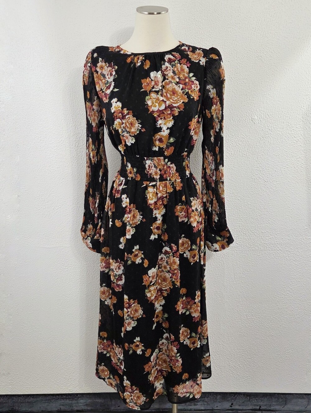 Mila Mae Long Sleeve Pleated Midi Dress Black Multi floral women's medium M New